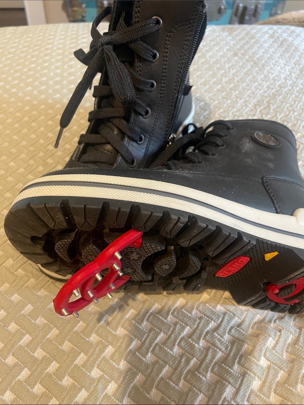 Womens Black Lace-Up Winter Boots with Red Cleat Traction